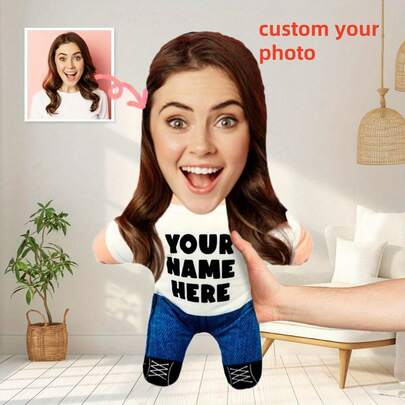 Customized Photo Throw Pillow, Cute Cartoon Design, Blue Pants, Portrait Customized Pillow, Double-Sided Printing, Sofa Cushion, Unique Birthday Gift, Christmas, Halloween, Thanksgiving, For Family And Friends