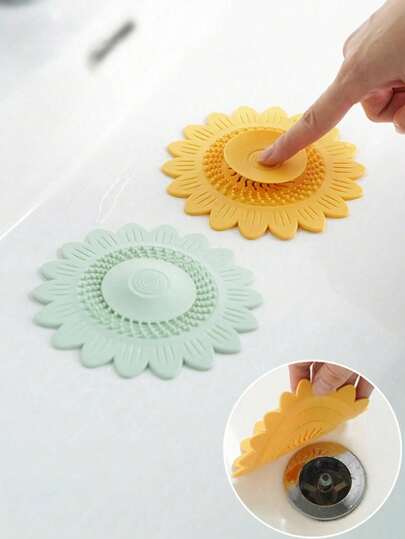 1pc Flower Push-On Sink Drain Filter, Flower Design Sink Drain Cover, Hair Filter And Drain Plug, Deodorant Drain Plug, Sunflower Drain With Deodorizing Function, Suitable For Bathtub, Sink, Kitchen, Bathroom Accessories