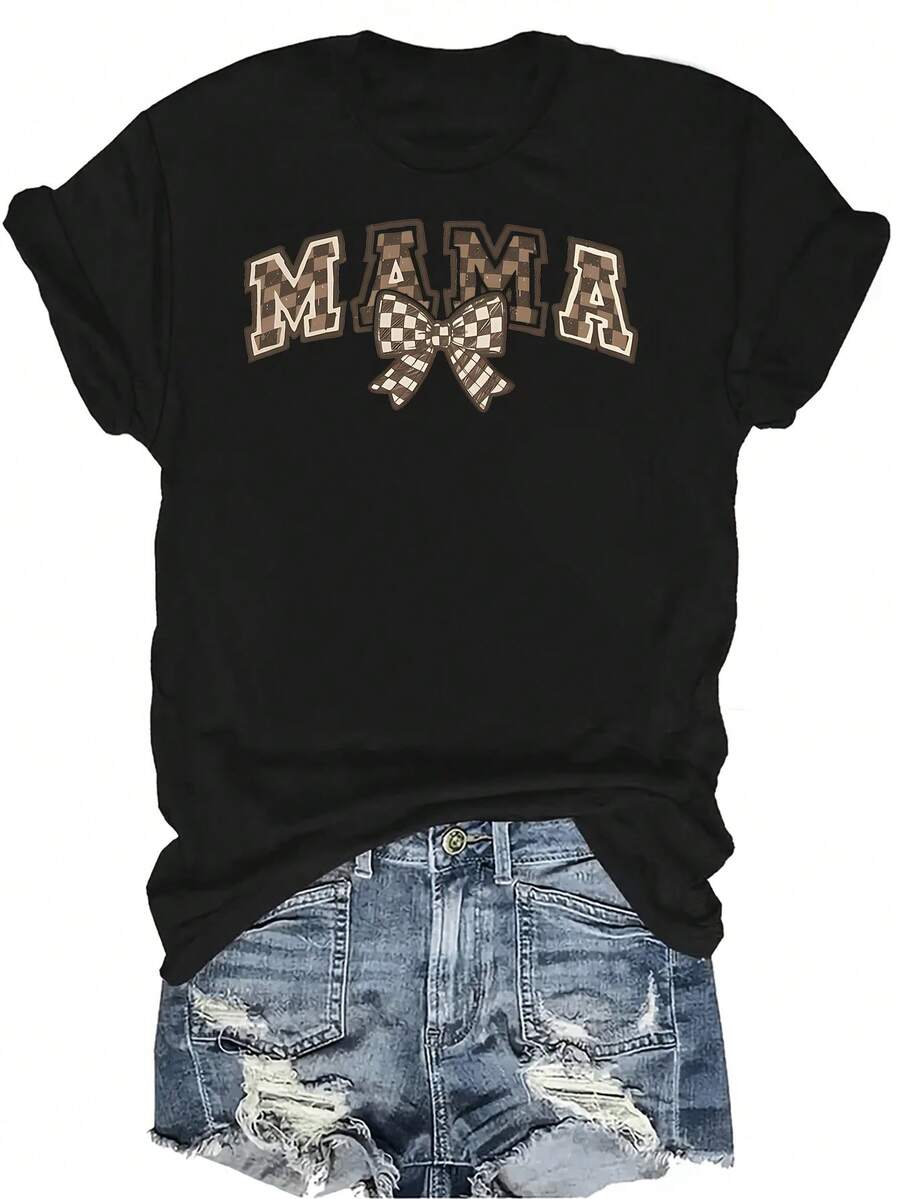 Camiseta Bow Mama Unisex de verano, casual, transpirable, de cuello redondo, de manga corta, de estilo callejero y versátil, adecuada para adolescentes y adultos - Negro - Ver 1