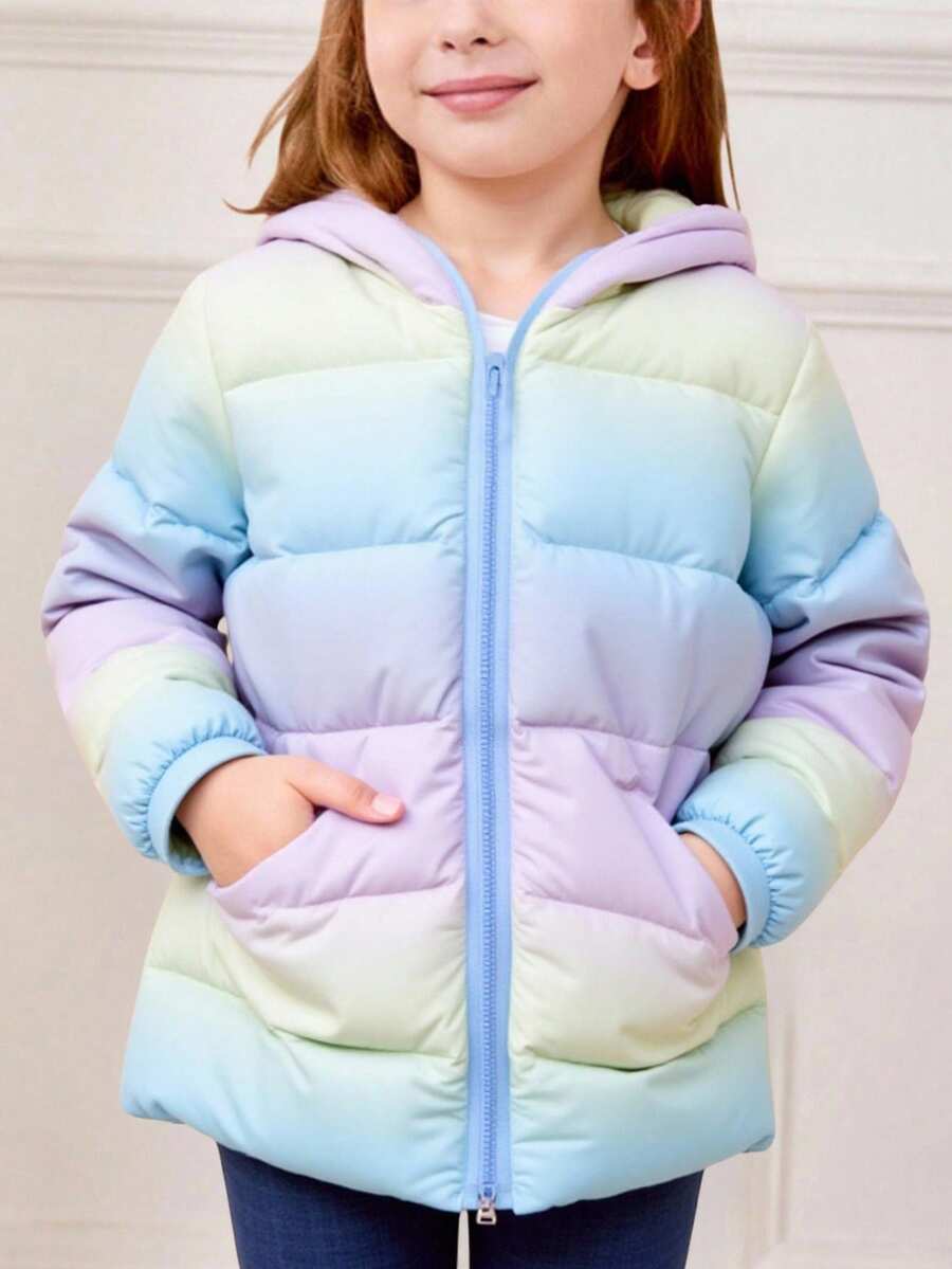Abrigo con capucha acolchado de manga larga multicolor para niña - Multicolor - Ver 1