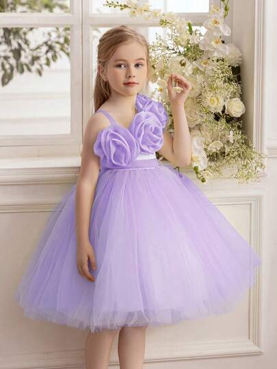 Young Girl 3D Floral Dress Asymmetric Shoulder Mesh Tulle Flower Girl Party Dress Princess Gown, Suitable For Birthday Gift, Banquet, Ball, Party, School Performance, Important Holiday Celebration