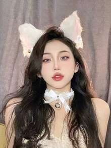 1件装女士白色毛绒猫耳铃铛发箍，可爱兔耳发圈，优雅简约设计，百搭日常、户外、海滩、派对、休闲佩戴、发型设计、化妆、发饰、头饰、发箍、美发家居饰品 - 白色 - 查看 2