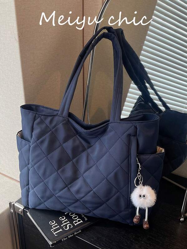 1. Bolso de hombro de gran capacidad de unicolor y elegante con asas dobles, ligero y fácil de llevar, cartera de mujer, cartera azul marino, bolso de hombro con colgante, bolso de lona, bolso de mano acolchado de gran capacidad y casual para mujer, ideal para viajes y turismo de verano, mochila esencial