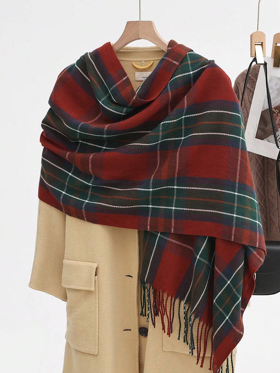 1条女士格子流苏围巾，秋冬披肩 - 聖誕紅格子 - 查看 1