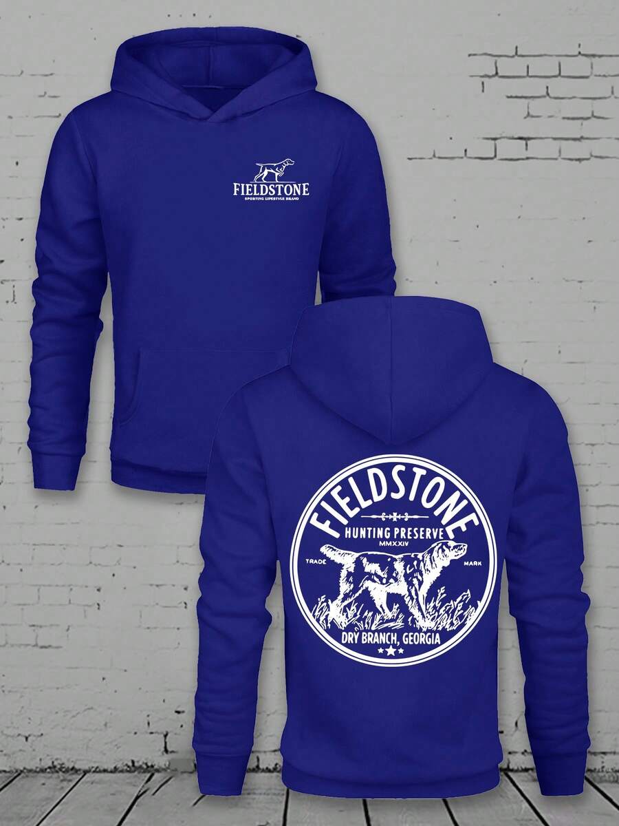 Men's Loose Casual Hooded Sweatshirt, Hunting Preserve Logo Graphic, Polyester, Comfortable For Autumn, Dry Branch Georgia Design - Blue - View 1
