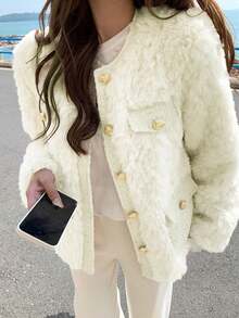 女士柔软羔羊毛夹克，新款秋冬蓬松毛茸茸优雅小外套 - 杏色 - 查看 2