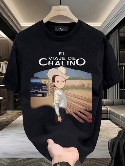 Men's Black T-Shirt - 100% Cotton - El Viaje de Chalino Anime Print - Casual Daily Wear - 180 Pure Cotton comfortable and multi-functional summer T-shirt top