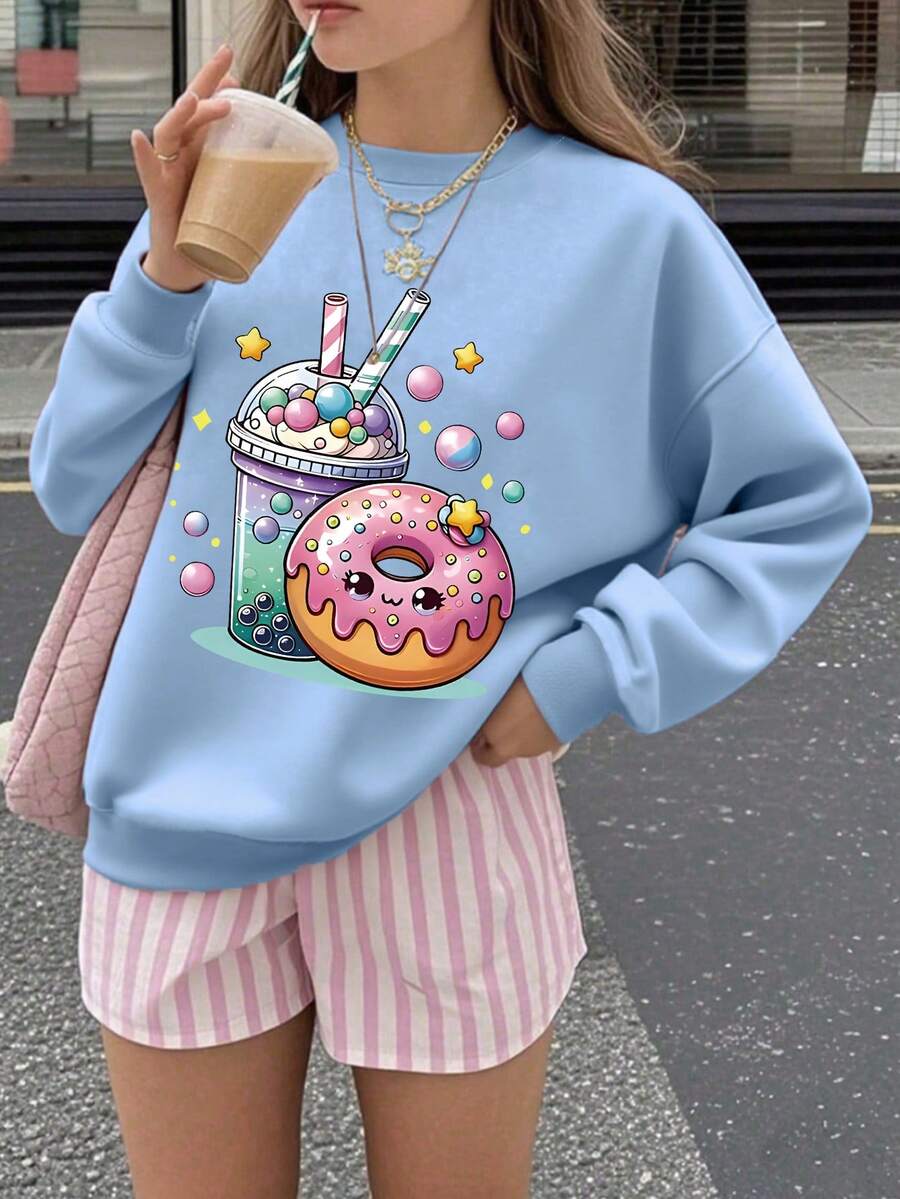 1pc Girls' Cute Donut & Bubble Tea Print Long Sleeve Sweatshirt, Soft Fabric, Suitable For Casual Wear In Spring And Autumn - Blue - View 1