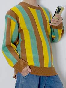 Plus Size Men's Casual Soft & Comfortable Striped Crew Neck Long Sleeve Knit Sweater, Autumn/Winter