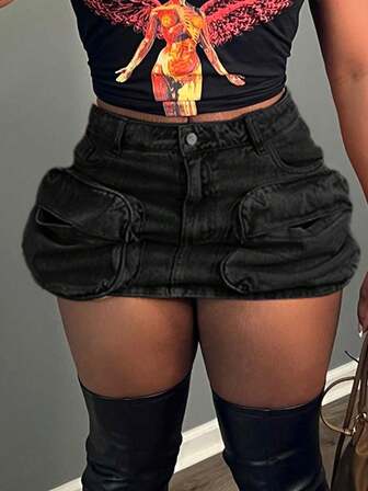 Chicsale Fashionable Women's Denim Mid Length Skirt With Zipper, Button Closure, And Practical Pockets, A Modern Street Style Casual Fashion