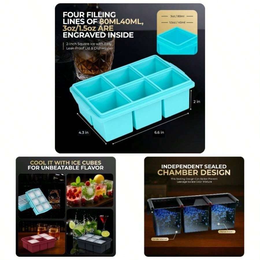 Large Cube Trays Whiskey, Silicone Cube Tray, With Reinforced Steel Ring Top, Makes 12 2 - In Cubes, Square Tray Cocktails, Whiskey, Coffee. 2 Pack - Màu xanh nước biển - Xem 1