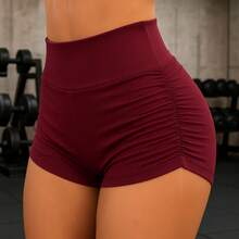 Women's Summer Casual Shorts, High Waist Ruched, Slim Fit, Mini Fitness Beach Casual Shorts - 紅木色 - 查看 1