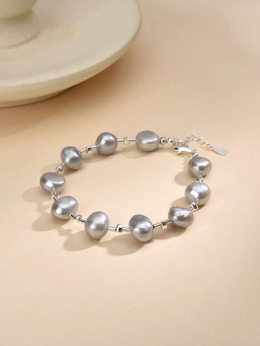 1条925纯银天然珍珠手链，适合婚礼、订婚、新娘、母亲节、情人节、生日礼物 - 灰色 - 查看 1