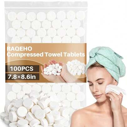 100 Compressed Towel Tablets - Disposable Face Washcloths Fast Drying Lightweight For Adult Camping Hiking Facial Mini Makeup Wipe Coin Tissues Travel Hotel Cleaning Supplies