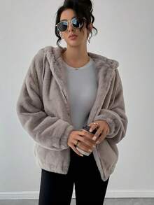 Women's Faux Fur Jacket For Winter, Solid Color With Strong Texture, Hooded With Drawstring, Casual College Style, Soft, Warm, Comfortable And Elegant - Grey - View 4