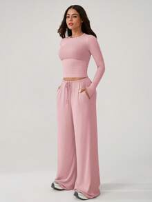 NcmRyu 1 Set Women Comfortable Casual Solid Color Round Neck Wide Leg Straight Loose Fit Long Sleeve Fitness Workout Running Outdoor Sports Suit