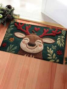 1 Peça Tapete de Banheiro de Microfibra com Desenho de Cervo de Natal - Seca Rapidamente e Absorve Bem a Água, com um Padrão Festivo de Bagas Vermelhas e Folhas Verdes. Perfeito para Decoração de Cozinha e Banheiro. Lavável em Máquina. Decoração de Banheiro de Natal.