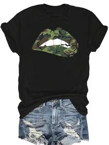 Camiseta con estampado de camuflaje de labios, unisex, de verano, casual, transpirable, de cuello redondo, de manga corta, ropa de calle, versátil, adecuada para adolescentes y adultos - Negro - Ver 1