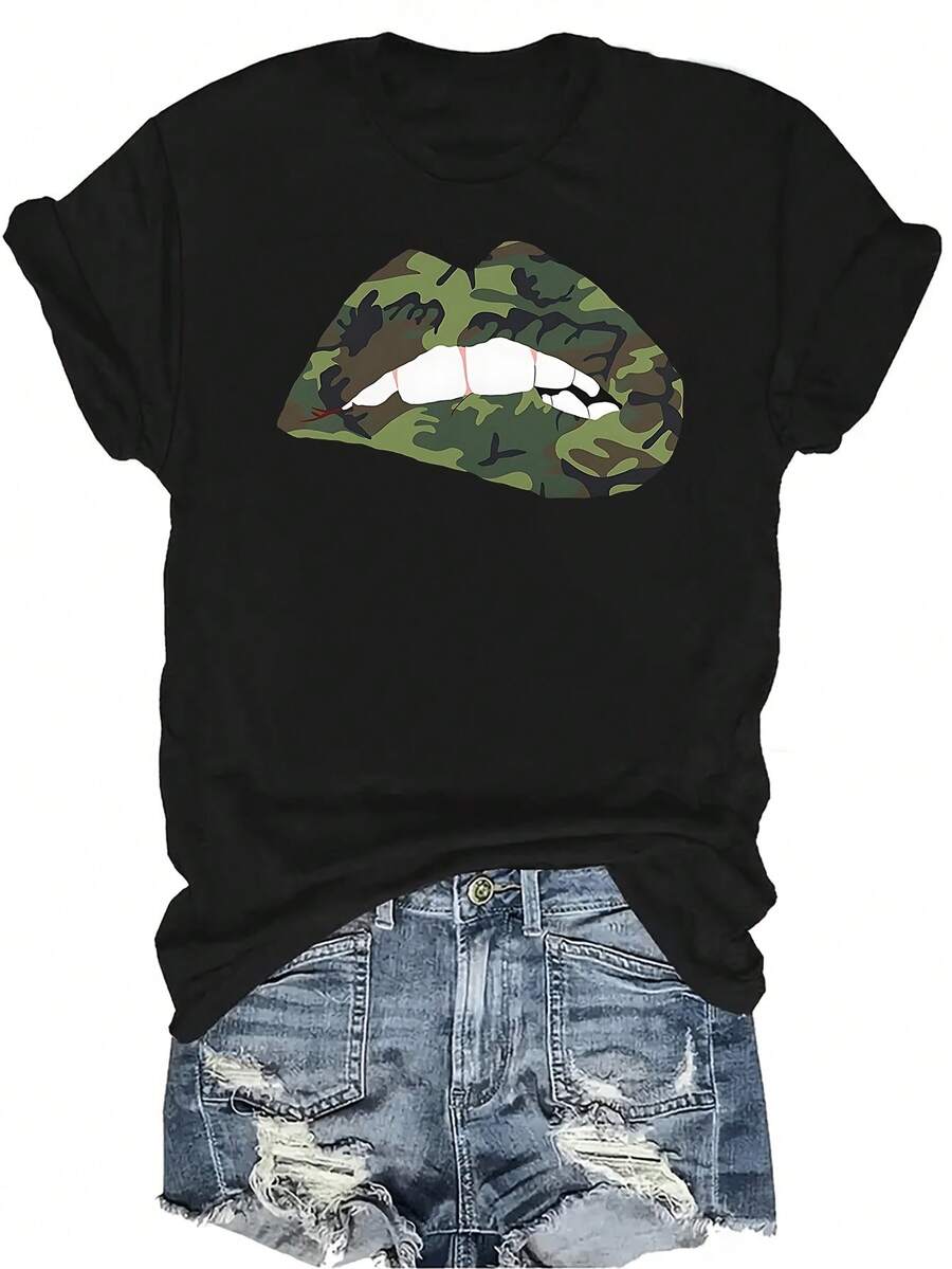 Camiseta con estampado de camuflaje de labios, unisex, de verano, casual, transpirable, de cuello redondo, de manga corta, ropa de calle, versátil, adecuada para adolescentes y adultos - Negro - Ver 1