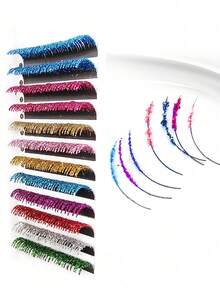 1 Case 12 Rows Glitter Eyelash Summer Colorful Shiny Lashes Wedding Concert Party Eye Lash 10-15mm Silvery Blue Green Purple Pink Yellow Gold Eyelashes - 彩色的 - 查看 4