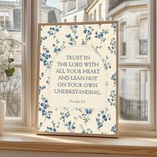 1pc Proverbs 3:5 Bible Verse Wall Art, Scripture Print On Canvas, Blue Floral Pattern, Christian Decor Poster, Suitable For Living Room, Bedroom, Dorm, Office, Gift For Her, Framed Or Unframed - Multicolor - View 1