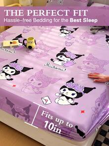 Sanrio 1 件可爱卡通印花床笠、// 床上用品、床垫保护套、床罩、床笠、舒适家纺、透气抗起球床垫保护套、家居装饰、适合所有床尺寸 - 单人床、双人床、大号床、特大号床、适合所有季节、防尘床罩、可机洗 - 紫色 - 查看 3
