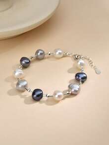 1 chiếc vòng tay ngọc trai tự nhiên bằng bạc 925, thích hợp làm quà cưới, quà đính hôn, quà cô dâu, quà Ngày của Mẹ, quà Ngày Valentine, quà sinh nhật. - Đen và trắng - Xem 1