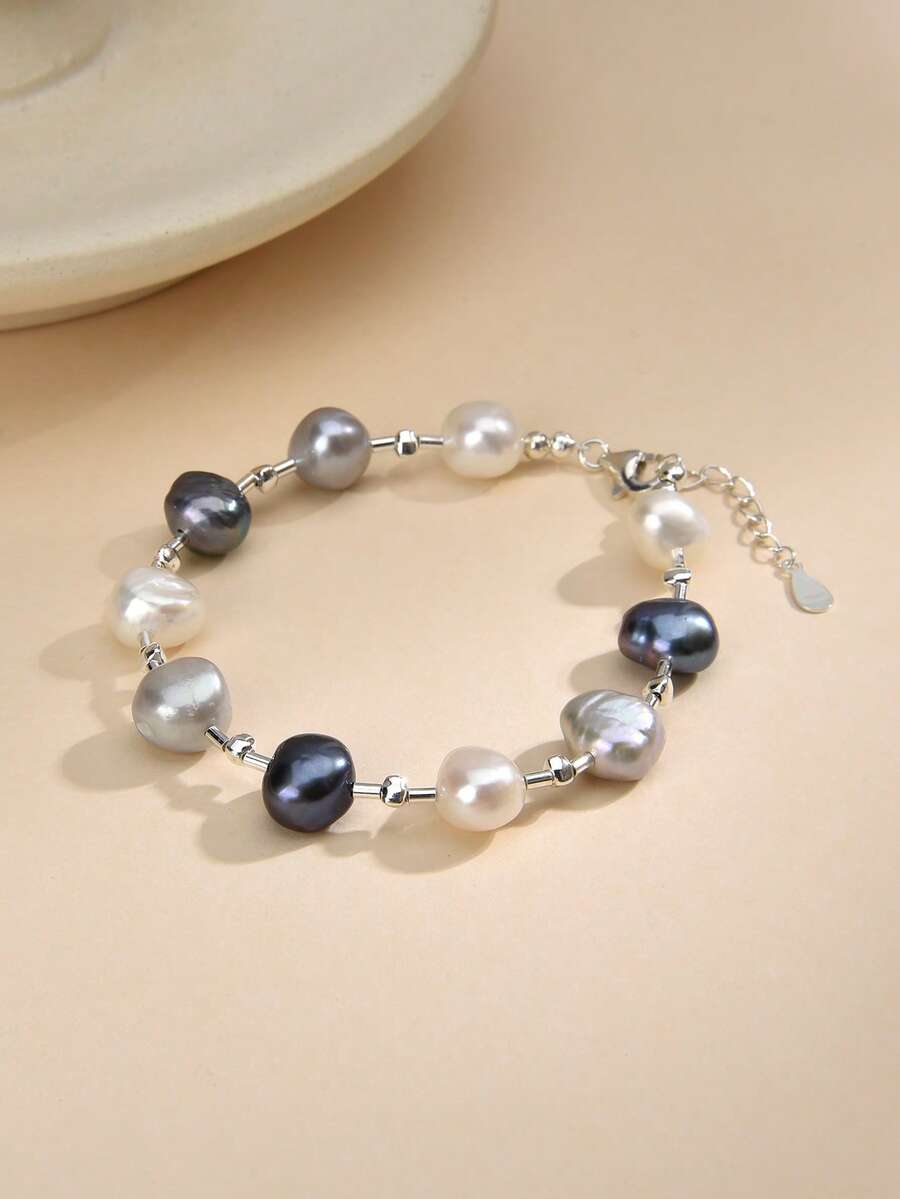1 chiếc vòng tay ngọc trai tự nhiên bằng bạc 925, thích hợp làm quà cưới, quà đính hôn, quà cô dâu, quà Ngày của Mẹ, quà Ngày Valentine, quà sinh nhật. - Đen và trắng - Xem 1