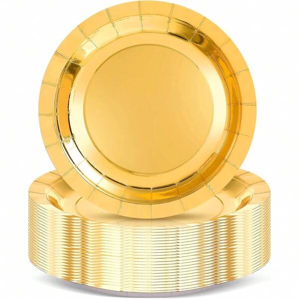 100/50/30pcs Gold Heavy Duty Reusable Plates, Dessert Plates, Cake Plates - Elegant Polished Metal Rim, Thick Paperboard Material, Spill-Proof Tabletop Decor, Easy To Clean, Suitable For Christmas Party, Birthday Party, Wedding, Outdoor Picnic, Banquet, Team Building, Campus Gathering, Buffet And More