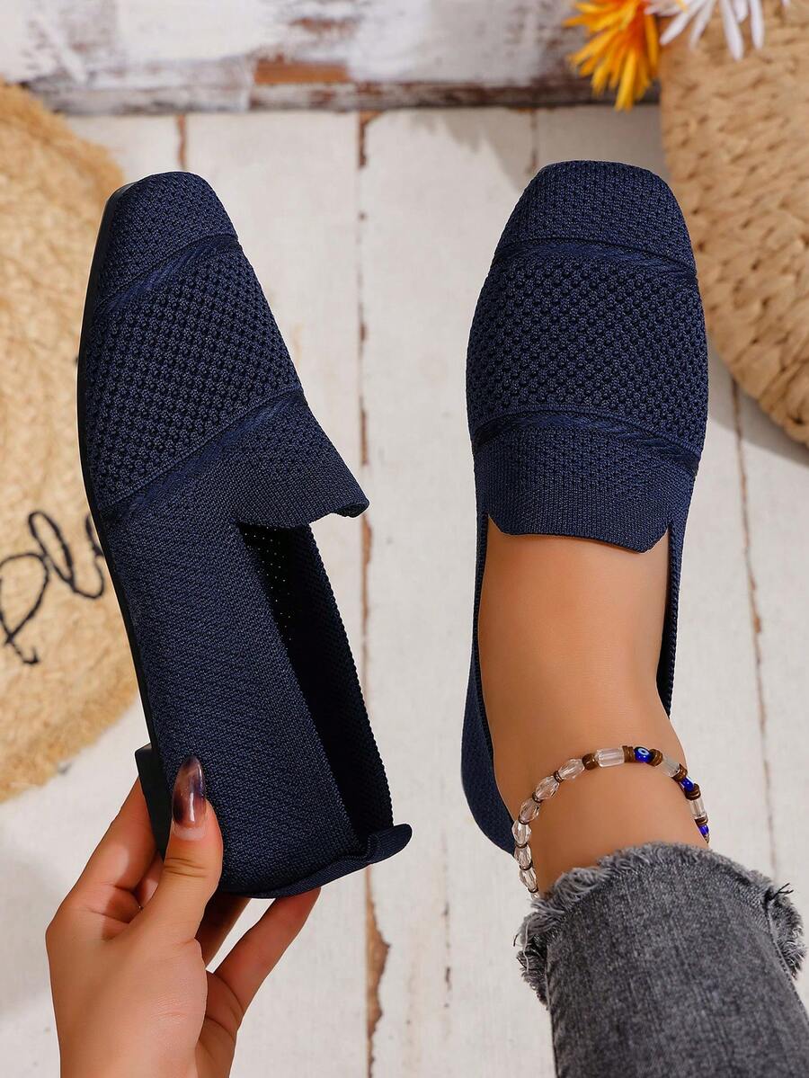 女士针织平底乐福鞋，舒适方头一脚蹬鞋，透气休闲妈妈鞋，春秋季 - 深藍色 - 查看 1