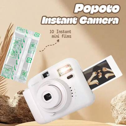  Máy ảnh lấy liền Popoto, thích hợp sử dụng phim lấy liền mini, tự động phơi sáng, chế độ gợi ý thông minh, máy ảnh mini dễ thương, tiện dụng, phù hợp cho học sinh, kèm theo 10 tờ phim (không bao gồm pin).