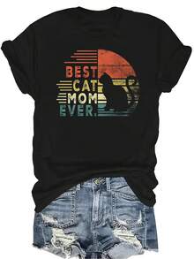Camiseta de gato mamá retro "La mejor mamá de gato" Divertida camiseta de señora de gato Unisex de verano, casual, transpirable, de personalidad, de cuello redondo, de manga corta, ropa de calle, versátil, adecuada para adolescentes y adultos - Negro - Ver 1