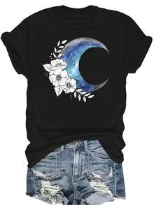 Camiseta con diseño de luna y flores, unisex, de verano, casual, transpirable, con personalidad, cuello redondo, manga corta, ropa de calle, versátil, adecuada para adolescentes y adultos - Negro - Ver 1