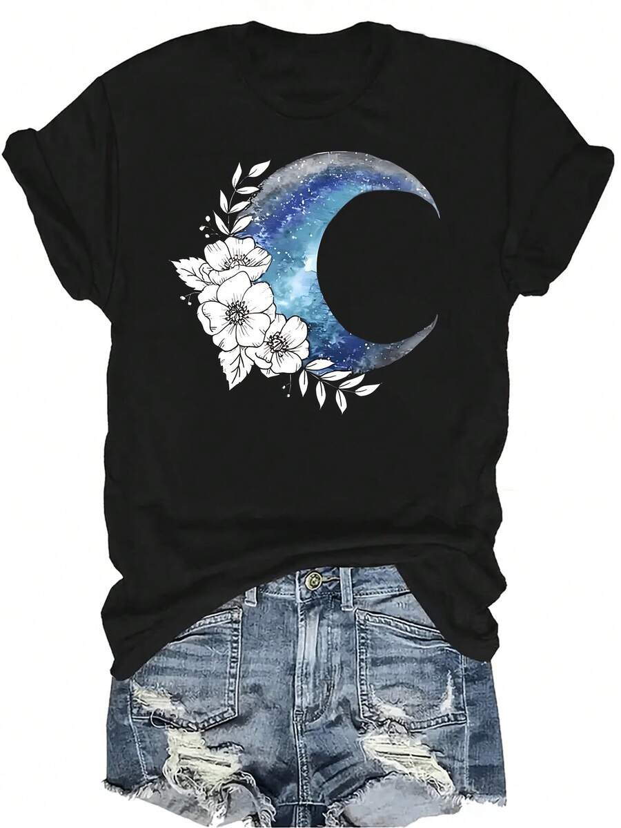Camiseta con diseño de luna y flores, unisex, de verano, casual, transpirable, con personalidad, cuello redondo, manga corta, ropa de calle, versátil, adecuada para adolescentes y adultos - Negro - Ver 1