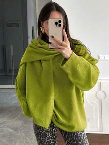 女款秋冬純色簡約針織毛衣套裝附圍巾，時尚優雅毛衣套裝 - 綠色 - 查看 5