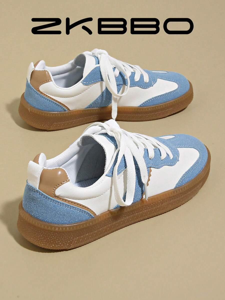 ZKBBO. 女士休闲运动鞋，平底，轻便，舒适，系带，圆头，复古，多色，健身，步行鞋 - 藍白色 - 查看 1