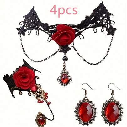 4 件套黑色吸血鬼项链、手链和耳环套装，朋克哥特式复古女士派对珠宝，万圣节