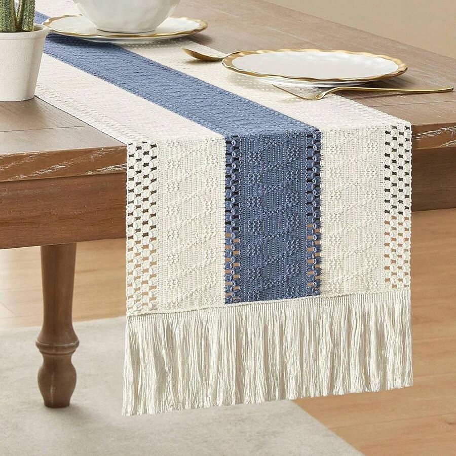 1pc Bohemian Style Tassel Table Runner, Suitable For Home Decor, Farmhouse, Country Style Dining Table, Living Room Tablecloth - Blue - View 1