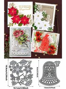 2 件圣诞主题红叶花和圣诞铃铛灰色金属模切，适用于剪贴簿装饰、DIY 剪贴簿纸工艺、压花工艺、手工工艺品和卡片制作、贺卡制作金属模切 - 銀灰 - 查看 2