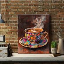 Taza de café Floral colorida, impresión artística con marco de madera, pintura al óleo vibrante sobre lienzo para decoración de salón, dormitorio o cocina - Multicolor - Ver 4