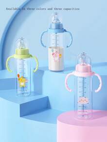 1 件带手柄婴儿奶瓶，防溢、防呛、防碎 PP 奶瓶，时尚动物图案设计（粉色和蓝色） - 彩色 - 查看 4