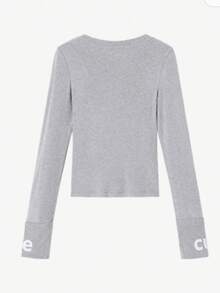 Women's Autumn Round Neck Long Sleeve Fitted Letter Print T-Shirt - Grey - View 6