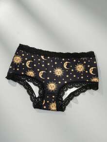 3pcs Gothic Style Sexy Underwear For Women, Sun, Star, Moon Multicolor Prints, Lace Patchwork, Comfortable & Silky, Lingerie