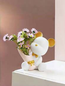 1pc Bear Figurine, Home Living Room Decor, Entryway Decor Small Bear Holding Flower Ornament, Living Room Storage Decor Home Decor Vase Flower Vase Glass Vase