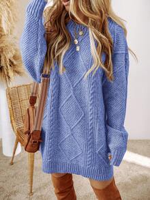 Acelitt Autumn/Winter Women's Solid Color Knitted Textured Pattern Dropped Shoulder Oversized Sweater Dress, Order One Size Down - Blue - View 5