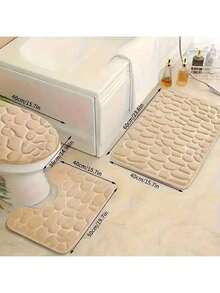 3pcs Coral Fleece Stone Texture Embossed Mat Set: Non-Slip Doormat, Solid Color Minimalist Bathroom Absorbent Foot Mat, Thick Foam Bath Mat - Multicolor - View 13