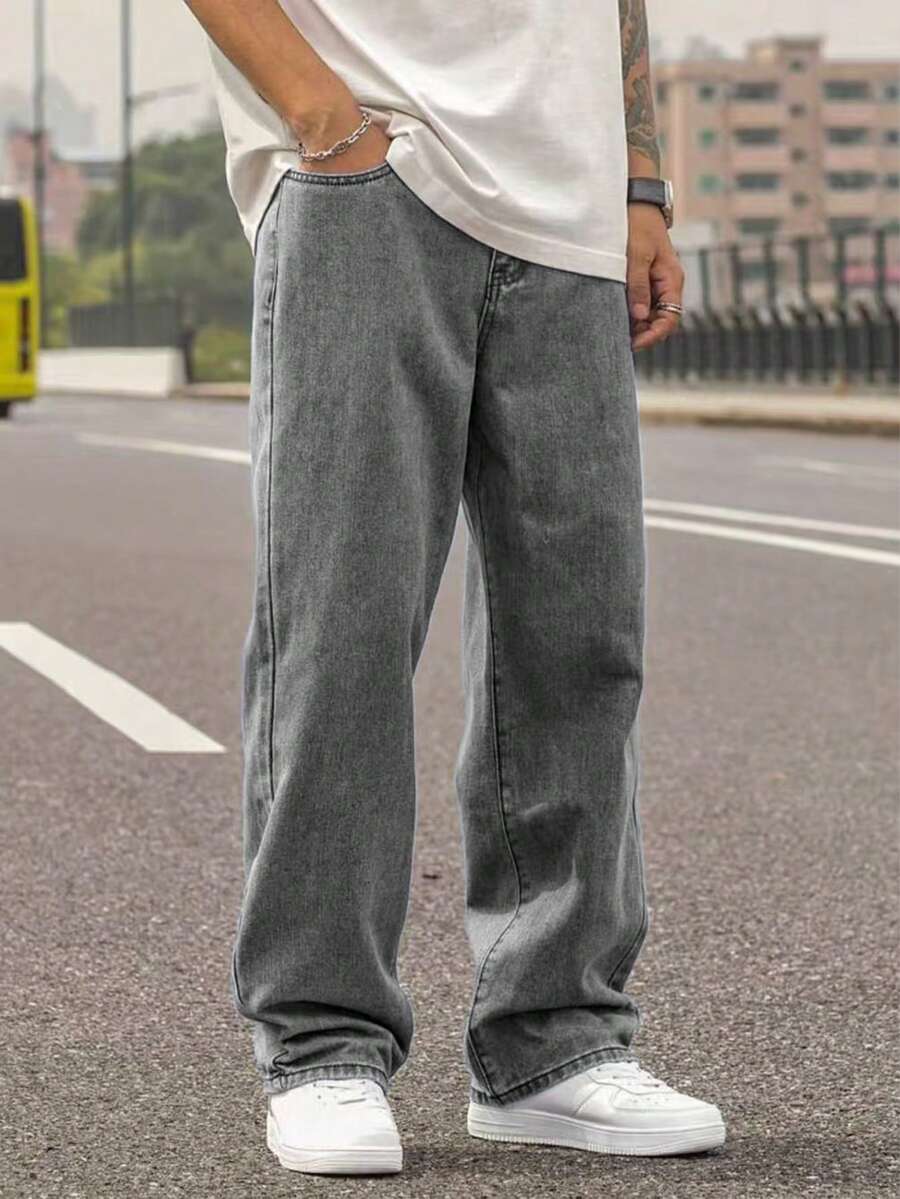 1 件男士直筒常规款浅蓝色休闲舒适牛仔裤，适合城市散步和户外活动，春夏季 - 灰色 - 查看 1