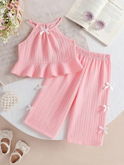 2件套女婴纯色吊带背心，饰有3D蝴蝶结和荷叶边下摆，搭配直筒裤，粉色，情人节/生日礼物，春夏款