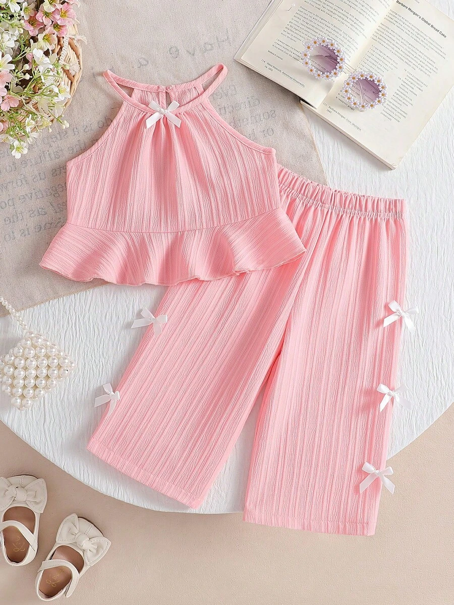 2pcs Baby Girls' Solid Color Spaghetti Strap Camisole Top With 3D Bow Decor & Ruffle Hem, Straight Leg Pants Set, Pink, Valentine's Day/Birthday Gift, Spring/Summer