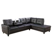 Modern Black Faux Leather Sofa Set[2 Options]2 Purchase Choices: Ottoman Only Or Complete 3-Piece Set With 2 Gift Pillows | Sleek PU Leather Sectional Couch, Contemporary L-Shaped Design With Storage, Elegant Housewarming Gift - 黑色 - 查看 6